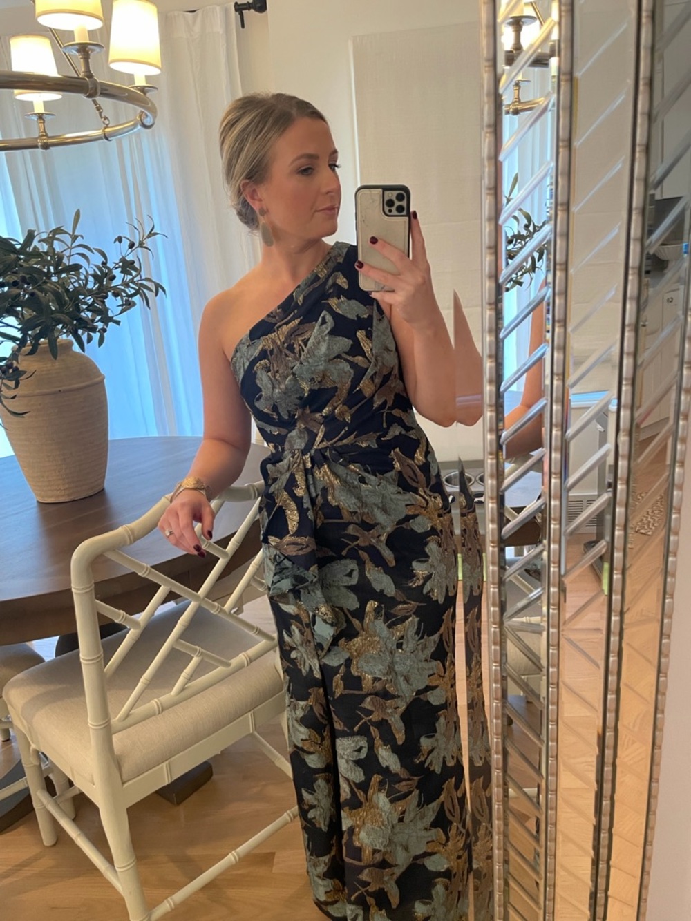 Adrianna Papell One-Shoulder Navy and Gold Floral Jacquard Gown - Picture 4 of 6